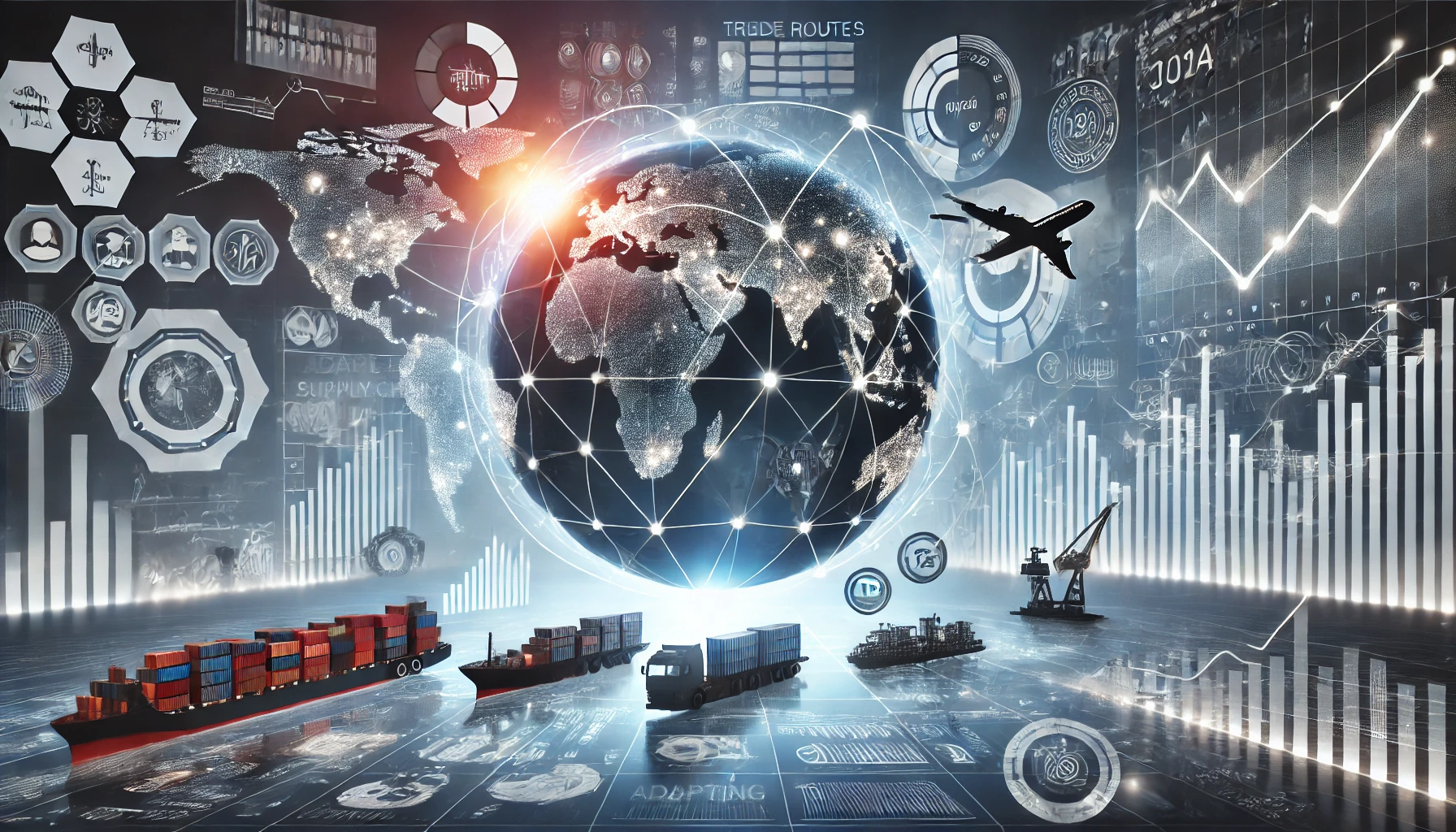 DALL·E 2025-01-10 16.33.06 – A professional and dynamic illustration depicting global supply chain trends adapting to geopolitical challenges. The scene features a world map with