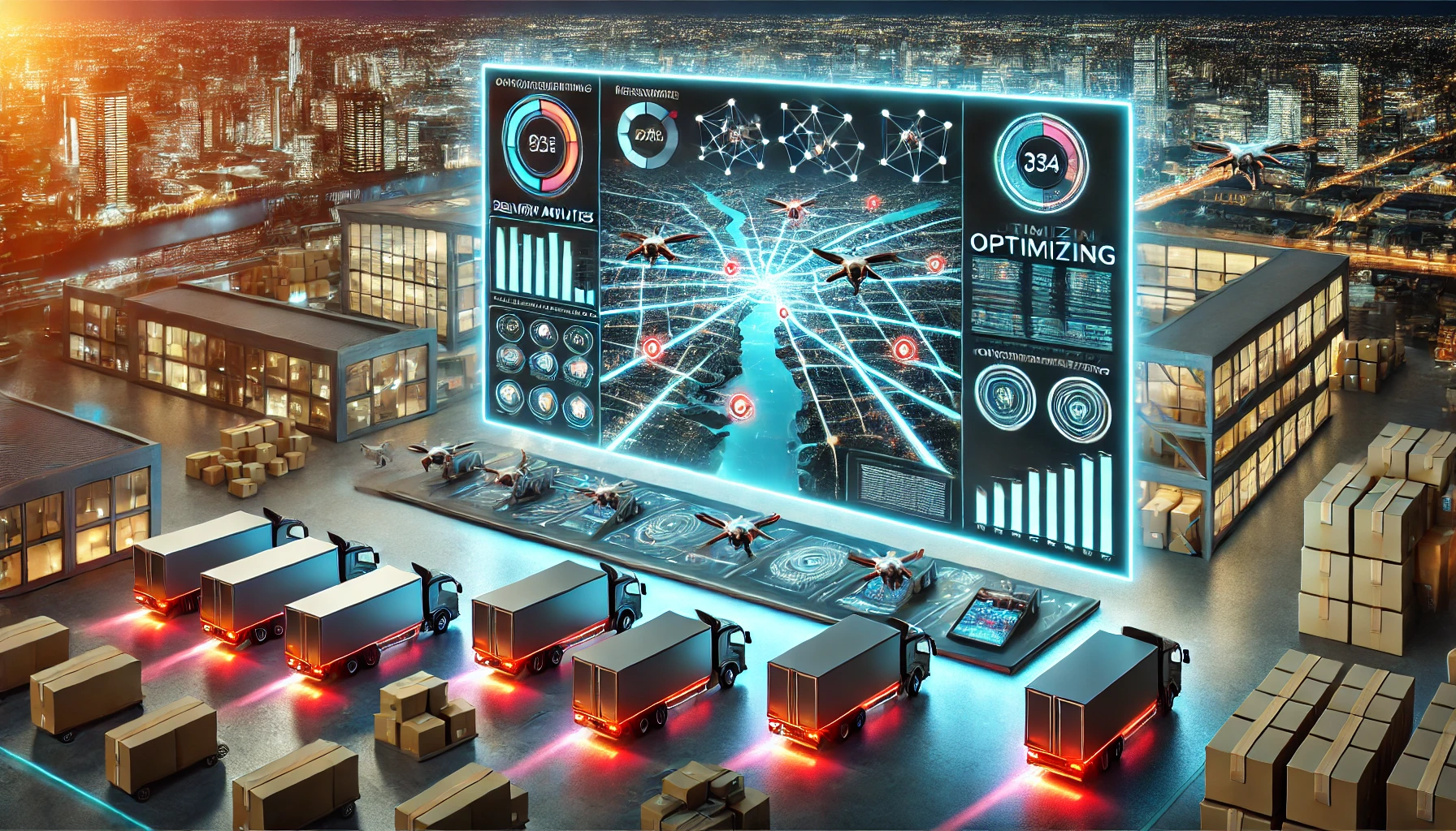 DALL·E 2025-01-10 16.39.21 – A professional and dynamic illustration showcasing the impact of advanced analytics on optimizing delivery routes in logistics. The scene features a f
