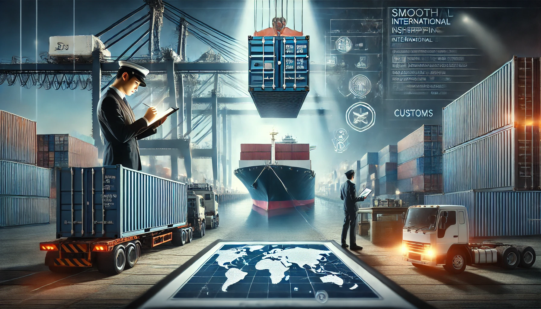 DALL·E 2025-01-10 16.50.22 – A professional and detailed illustration depicting smooth international shipping while navigating customs regulations. The scene features a shipping c